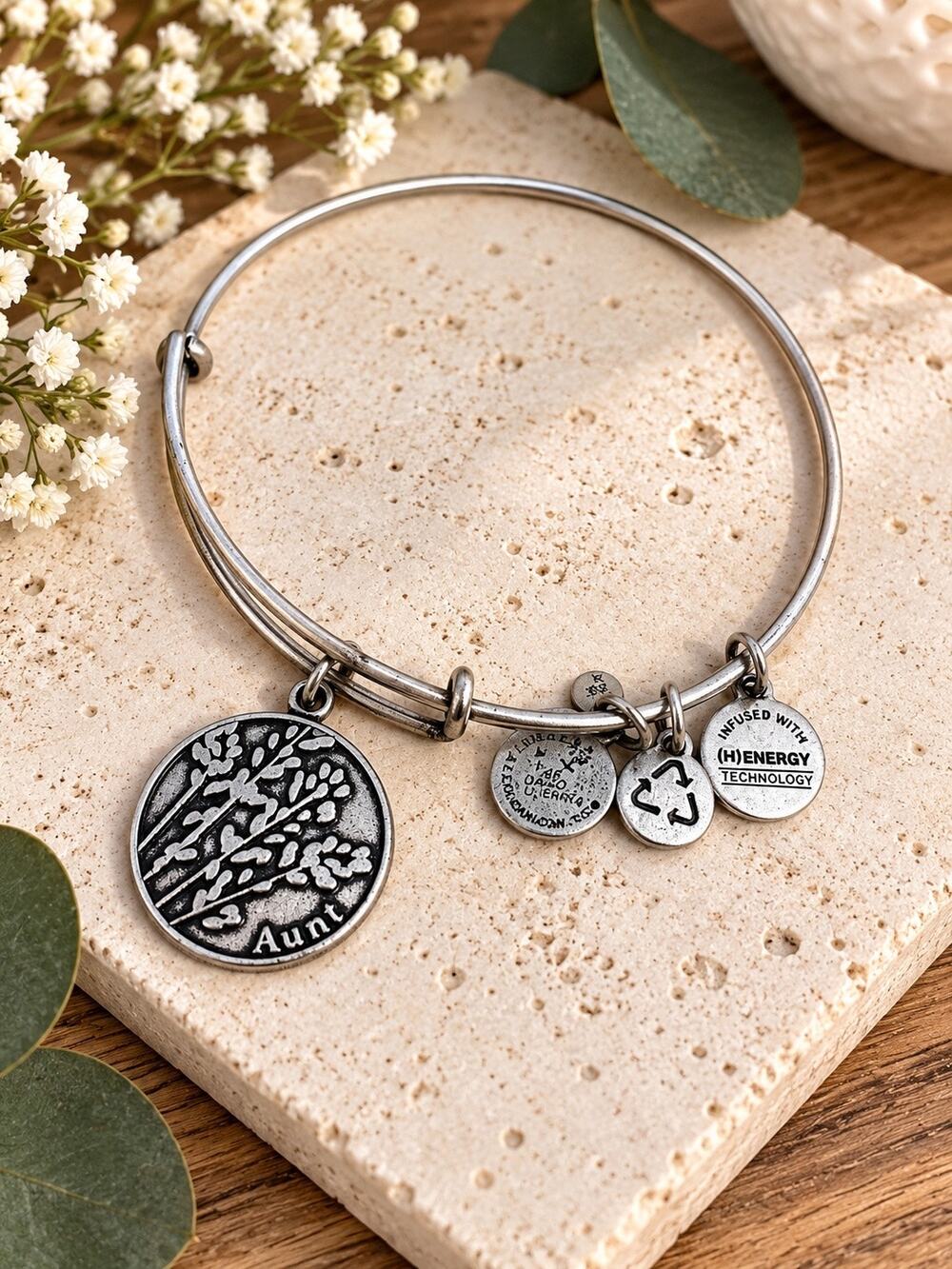 Alex and Ani Tree Aunt Bangle Bracelet Silver Tone Charm Expandable